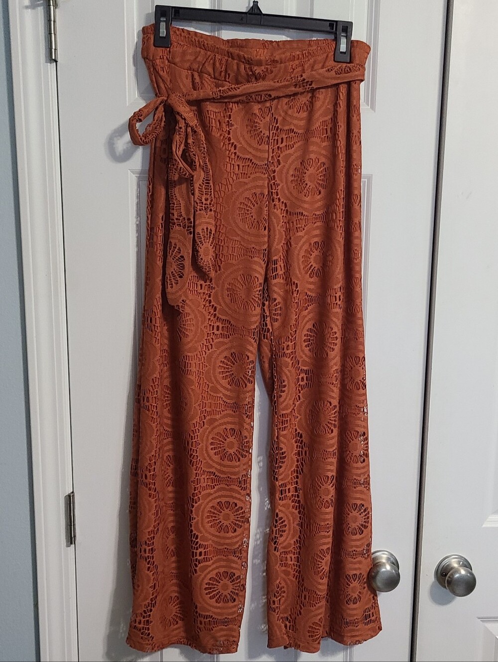 Crochet Wide-Leg Tie-Waist Pants in Rust